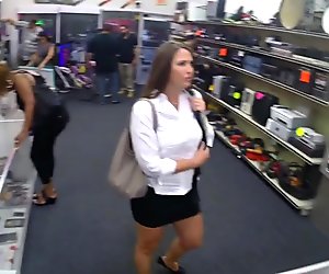 Brunette jerks off pawnshopowners cock