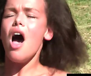 Young brunette Linet gets big tits jizzed outdoors